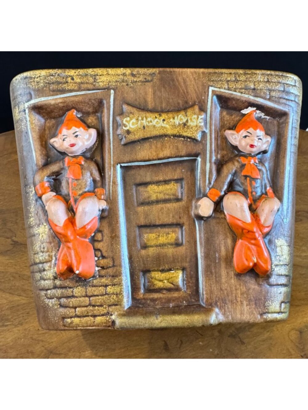Vintage 1970s Gilner Pixie Elf School House Cottage Cookie Jar Orange Brown - Picture 10 of 16
